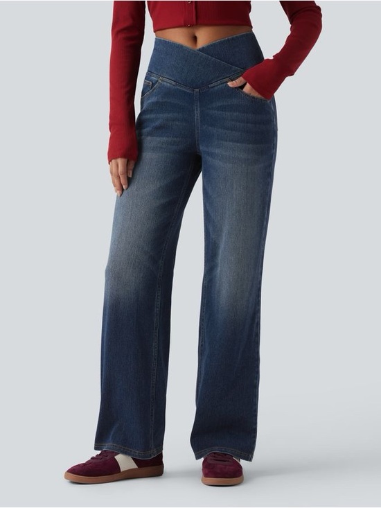 HALARA Denim - High-Waist V-Crossover Wide Leg Jeans - Dark Blue